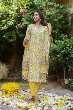 Alternative view of "Marigold" Yellow Hand Block Printed Cotton kurta