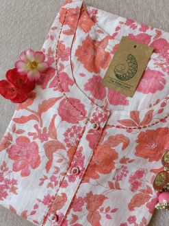 Alternative view of Pink Orange Floral Cotton Kurta - XL