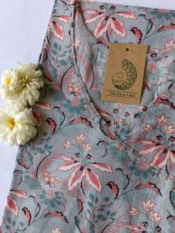 Alternative view of Grey-Peach Flora Angrakha Cotton Kurta - M