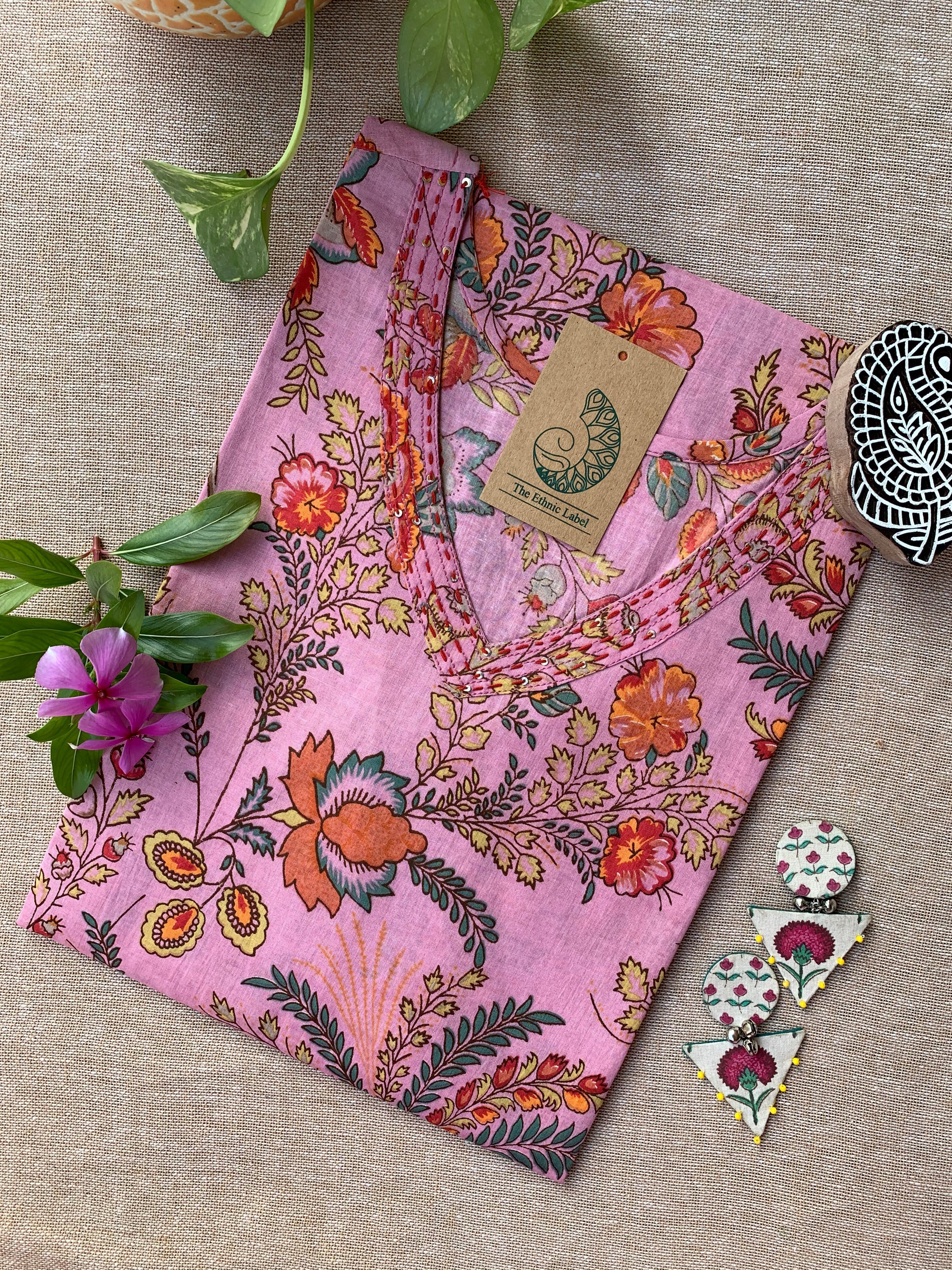 "Pihu" Kantha Hand Block Printed Cotton kurta