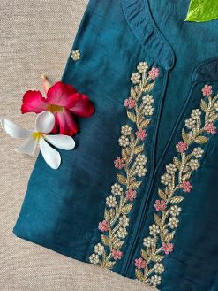 Alternative view of "Meena" Hand Embroidered Turquoise Silk Kurta
