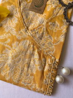 Alternative view of "Basant" Yellow Floral Angrakha Cotton Kurta - M