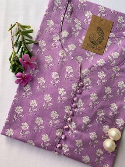 Alternative view of Hand Block Printed "Daisy" Lavender Cotton Kurta