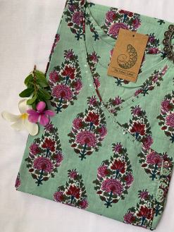 Alternative view of Green-Pink Mughal Angrakha Cotton Kurta - Big Size