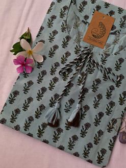 Alternative view of Pastel Blue Boota Tassel Cotton kurta - XL